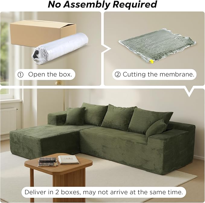 Green 103“ Sectional Couches for Living Room Boneless Couch with L-Shape Chaise Modular Sofa in Box with Deep Seat No Assembly Required