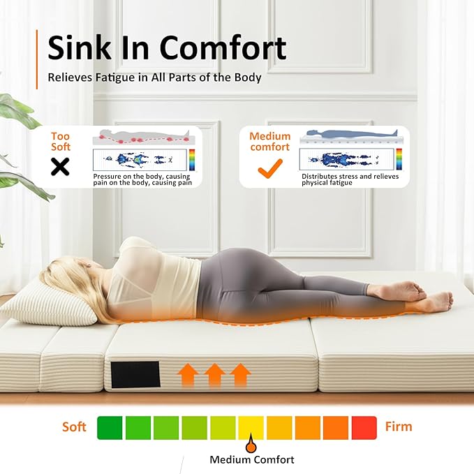 Queen Size Folding Sofa Bed - 4 in 1 Convertible Sleeper Chair with Two Pillows - High Density Memory Foam Futon Couch - Foldable Bed for Living Room Bedroom (Beige)