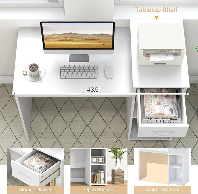 Giantex Computer Desk with Storage Modern PC Laptop Table with Printer Shelf Drawer CPU Stand &amp Cable Hole Compact Study Writing Desk Workstation for Small Spaces Home Office White