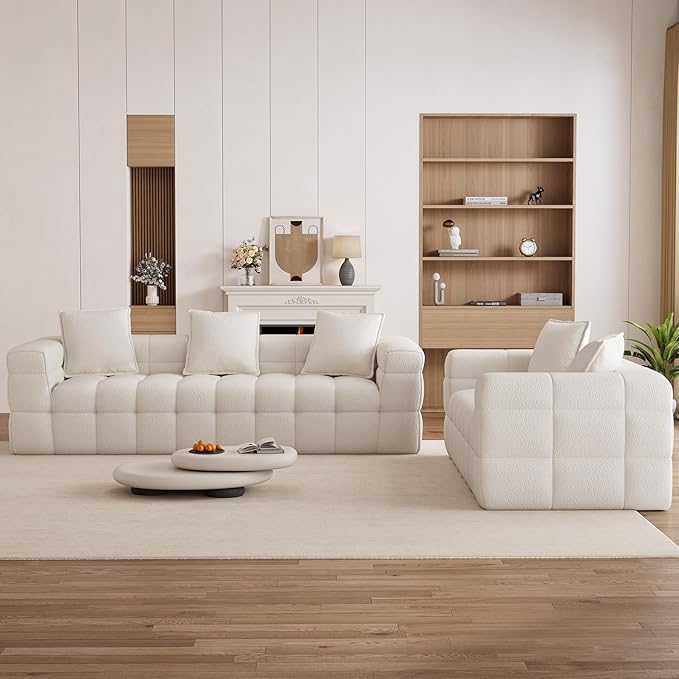 Chenille Cloud Sofa Couch Set with 5 Soft PillowsComfy Upholstered LoveSeat Sofa SetModern Deep Seat Sherpa Cloud Couch Oversized Love Seat for Living RoomBeige White