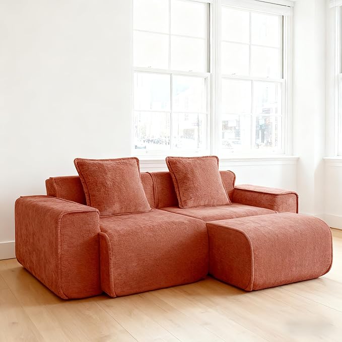 Casaphoria Red Modular Sofa 2 Seater L-Shaped Velvet Sectional with Ottoman &amp Detachable Pillows No Assembly French Piping Design 78.74 Inch Apartment Couch for Small Spaces