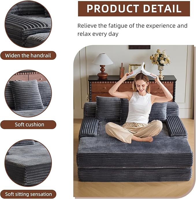 67'' Chaise Lounge Chair Indoor Oversized Upholstered Sofa Bed Modern Deep Seat Sofa Comfy Corduroy Sleeper Couch for LivingroomBedroomNo Assembly (Grey)