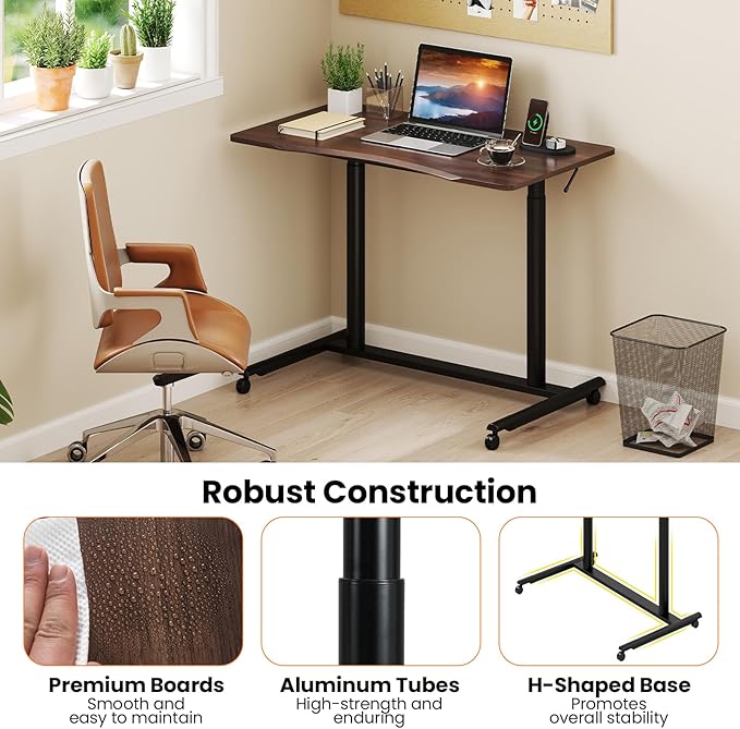 DORTALA Ergonomic Sit Stand Desk Adjustable Desk on Wheels Mobile Bedside Computer Desk w/Lockable Casters Sturdy Steel Frame for Living Room Bedroom Office Brown