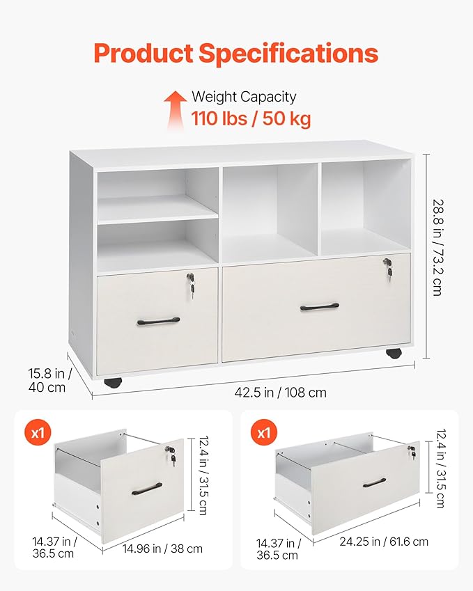 VEVOR 2 Drawer Wooden File Cabinet Mobile Filing Cabinet with Open Shelves Lockable Lateral Rolling File Storage with Adjustable Shelves Free Standing Printer Stand for Home Office School White