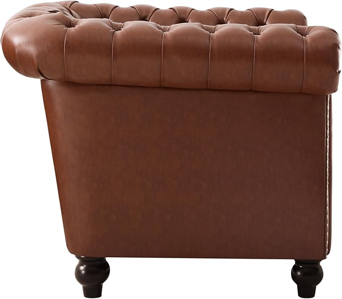 Merax Chesterfield Club Chair with Scrolled Arms and Nailhead Trim Mid Century Modern Single Sofa Chair with Solid Wood Legs Faux Leather Rolled Armchair for Living Room