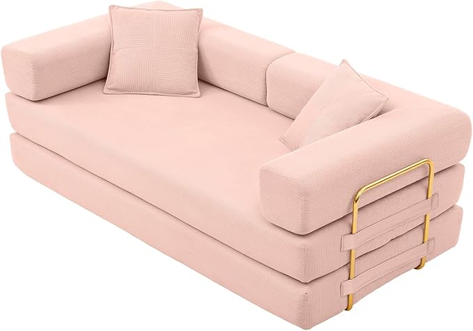 4-in-1 Folding Convertible Floor Sofa Bed 78 Oversized Compression Sofa No Assembly Required King Futon Lazy Couch Corduroy Loveseat Sleeper with Pull Out Bed Modular Futon Couch (Pink)