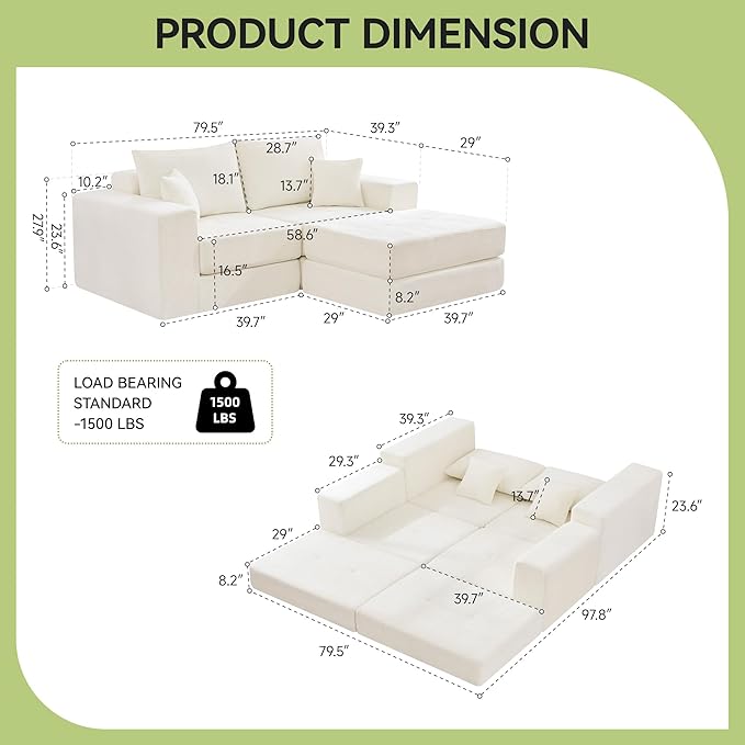 79 Boneless Cloud Loveseat Sofa Couch Modular Tufted Foldable Floor Sofa with Ottoman Chenille Lounge Convertible Sofa Bed for Living Room No Assembly Beige