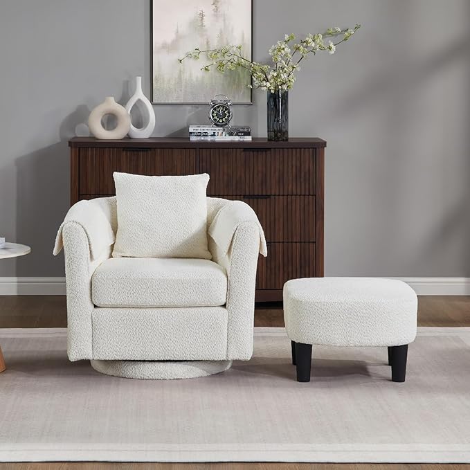 42 W Oversized Swivel Barrel Chair with Storage Ottoman Modern Upholstered Accent Chair Comfy Round Swivel Reading Sofa for Living Room or Bedroom