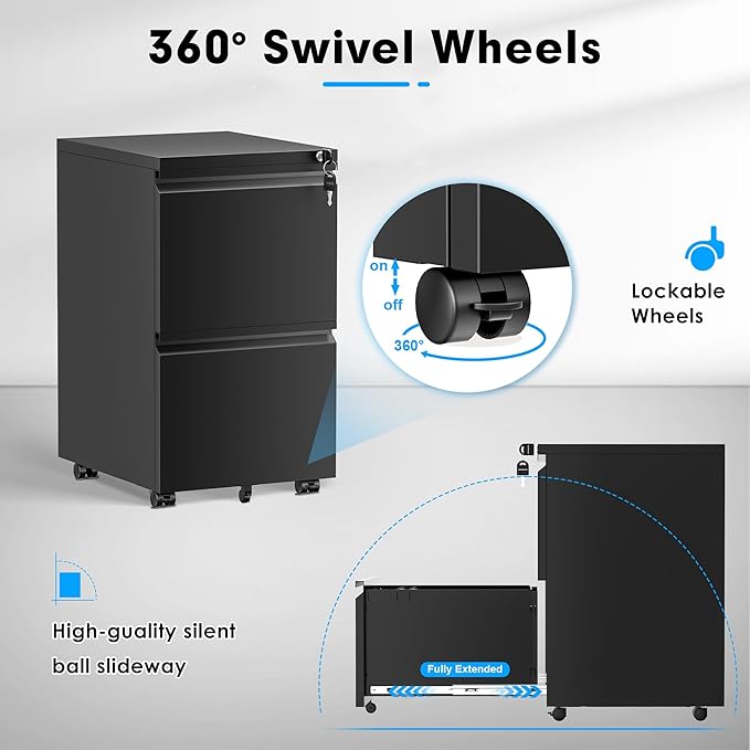 Pataku 2 Drawer File Cabinet Small File Cabinets with Lock Metal Rolling Filing Cabinet with 2 Drawer Filing Cabinets for Home Office Fit A4/Letter/Legal Easy Assembled Black