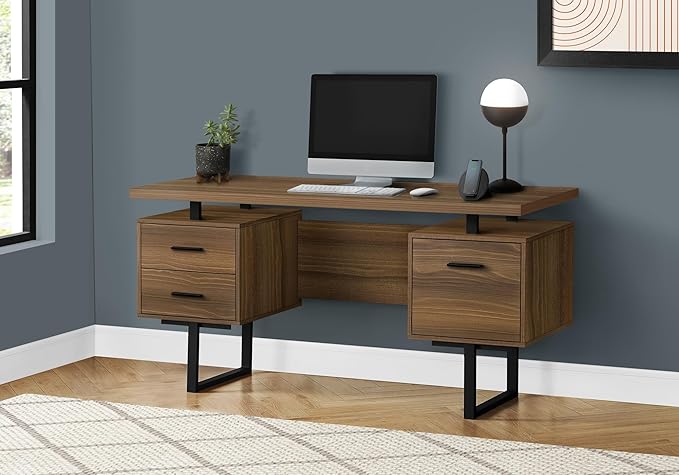Computer Desk Home Office Laptop Left Right Set up Storage Drawers 60 l Work Walnut Laminate Black Metal Contemporary Modern