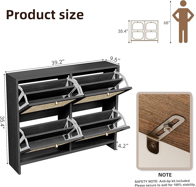 Nicetree Shoe Cabinet Storage for Entryway 4-Flip Drawer Narrow Shoe Rack Organic Modern Rattan Shoe Organizer with Gold Legs Shoe Organizer Fits Men's Size 13.5 Black