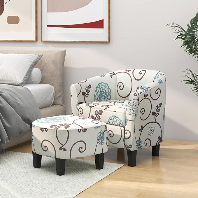 DORTALA Accent Chair with Ottoman Modern Upholstered Barrel Chair Set w/Solid Wood Legs Linen Fabric Armchair w/U-Shaped Back and Deep Seat Ideal for Living Room
