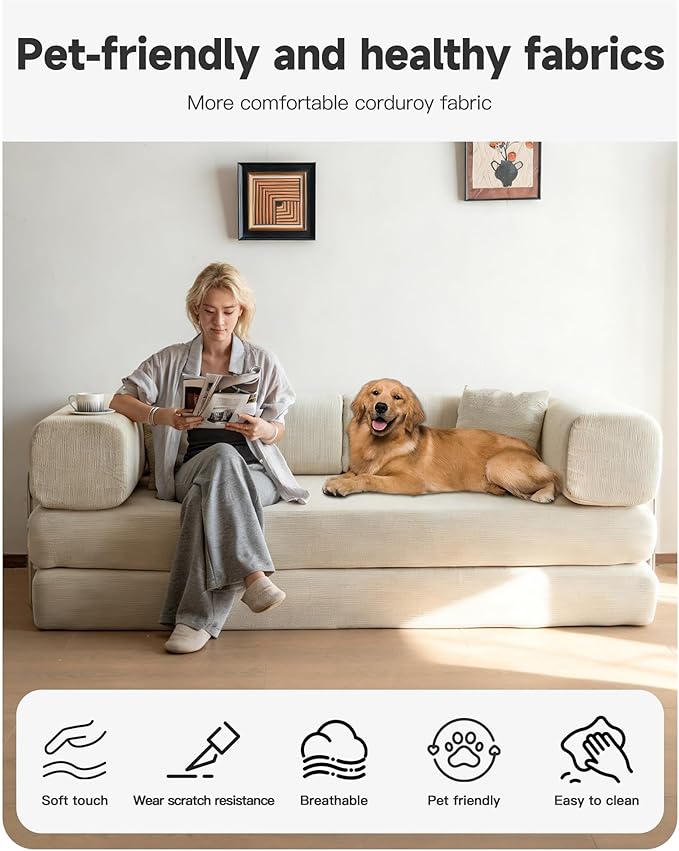 No Assembly Convertible Sofa Bed &amp 79 Boneless Couch with Pocket  5-in-1 Futon Sofa Bed with 2 Pillows Modular Pull Out Couch Bed with FrameCompression in Box for Living Room Small Spaces Beige