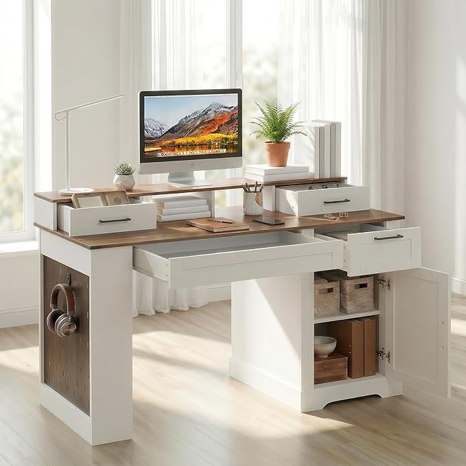 55'' Farmhouse Office Desk with Charging Station &amp Storage Cabinet Home Office Desk Barn Door Design Computer Desks with File Drawer &amp Keyboard Tray for Study Living Room White