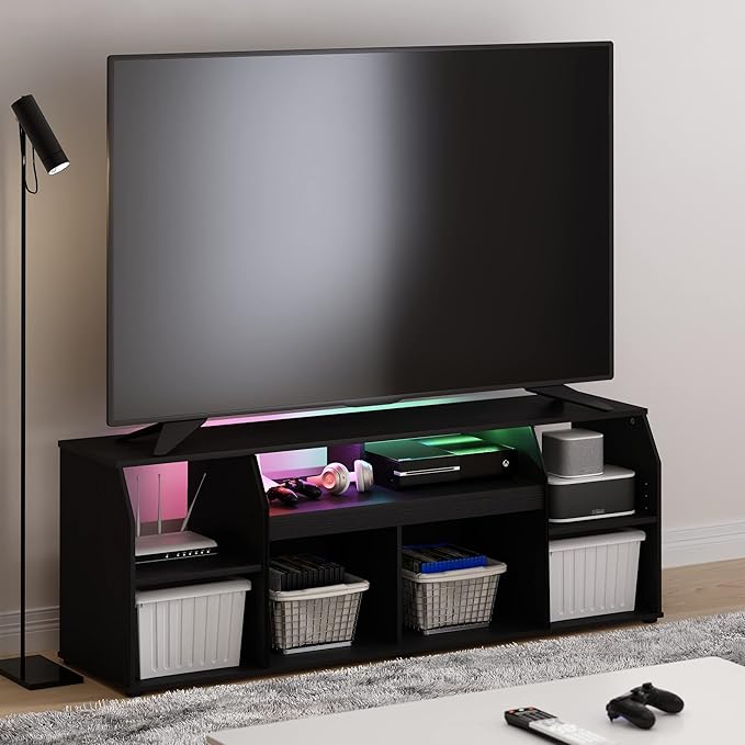 Furinno Jaya TV stand for up to 65 Inch TV Gaming Enterteinment Center with LED Lights Living Room Media Console Table Americano
