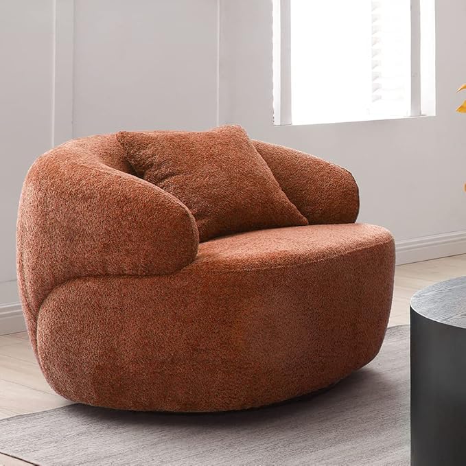 WILLIAMSPACE Swivel Accent Sofa Chair Round Back Boucle Barrel Chair with Pillow Modern Leisure Arm Chair for Hotel Living Room Bedroom Office (Orange)