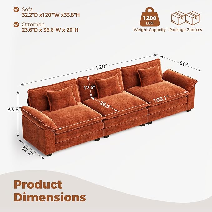CDCASA 120 Modular Sectional Sofa Comfy Cloud Couch Oversized 3-Seater Chenille Deep Seat Sofa Bed for Living Room DIY Combination Terracotta Orange