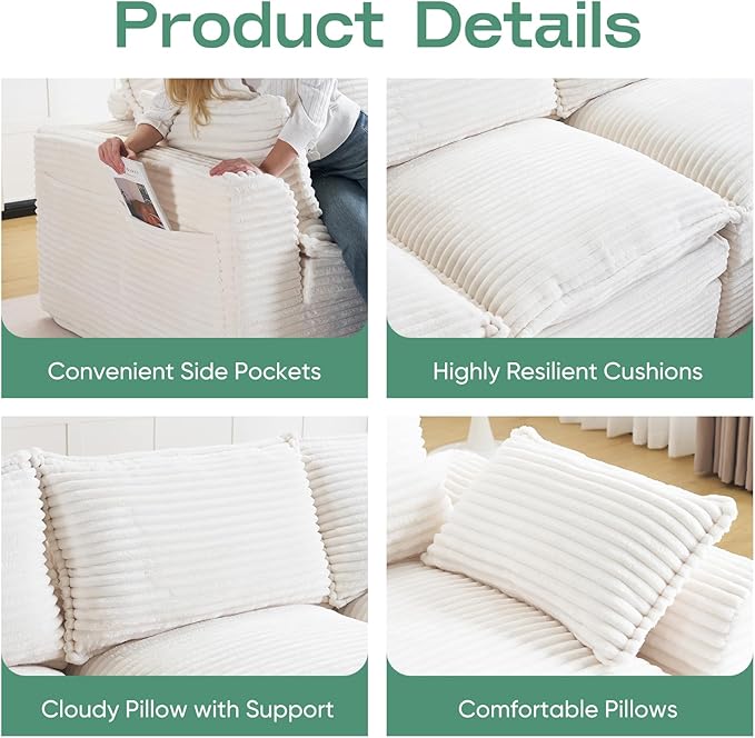 145 Modular Sectional Sofa Comfy Cloud Sectional Couch with Deep SeatOversized U Shaped Boneless Couch with OttomanUpholstered Boneless Cloud Couch with Side PocketsCorduroyBeige