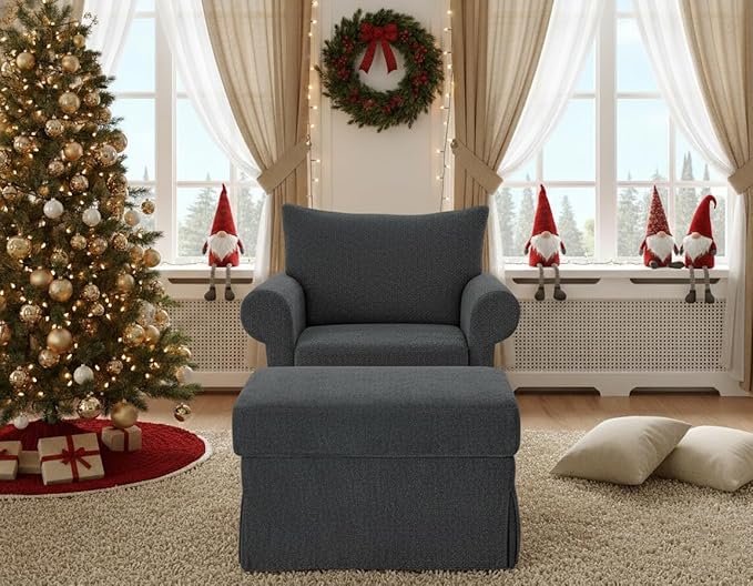 35.8 Accent Chair with Ottoman Set Comfy Chenille Armchair with Rolled Arms Modern Single Reading Chair for Living Room Bedroom Apartment Grey