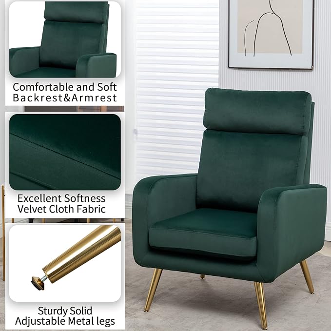 Velvet Accent Chair Modern Living Room Armchair Bedroom Dorm Reading Reception Room Comfort Upholstered Sofa Chair Gold Metal Legs Dark Green