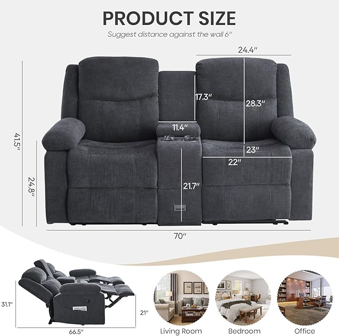 Recliner Sofa Reclining Loveseat Sofa with Massage &amp Heat Reclining Couch with Side Pockets Extra Storage Cup Holders for Living Room