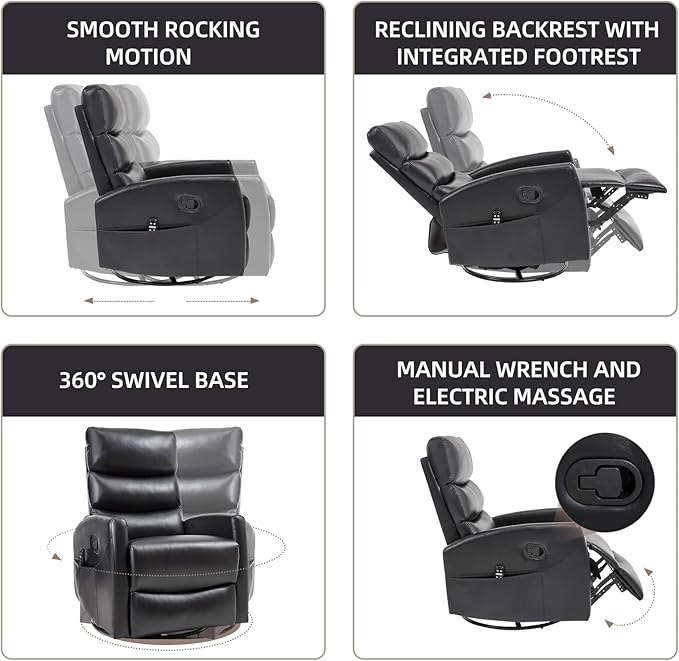 PELUMY 360° Swivel Rocker Recliner with Heat &amp Vibration Massage Glider Rocking Chair for Adults Compact Recliner for Living Room Small Spaces Nursery Bedroom (Breathable Leather Black)