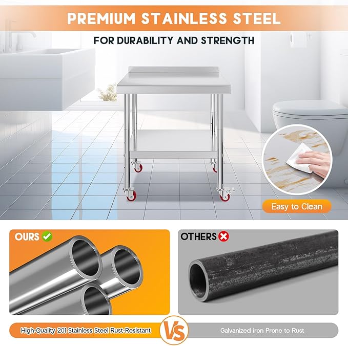 Jocisland 24 x 36 Stainless Steel Table for Prep &amp Work with Backsplash and Wheels NSF Certified with Adjustable Under Shelf &amp Safe Design for Restaurant Home Outdoor