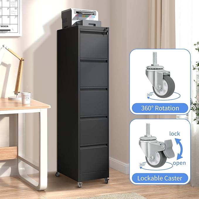 5 Drawer File Cabinet with Wheels Metal Mobile File Cabinet with Lock Rolling Filing Cabinet Home Office for Hanging File Folders Letter Size Legal Size A4 Size Require-Assembled Black