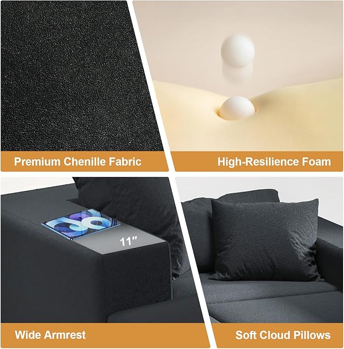 151 Oversized Modular Sectional Sofa Chenille Upholstery Boneless Couch with 6 Pillows 6-Seater Deep Seat Cloud Couch Free Combination Compression Couches for Living Room No Assembly Black