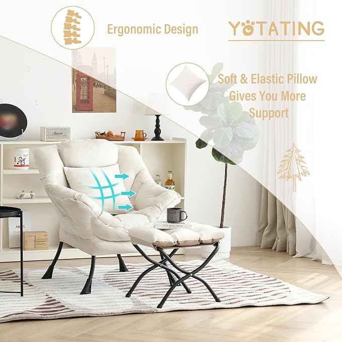 Lazy Chair with Ottoman Comfy Reading Lounge Chair with Footstool &amp Throw Pillow Modern with Armrests &amp Side Pocket for Living Room Bedroom Dorm Room Velvet Beige
