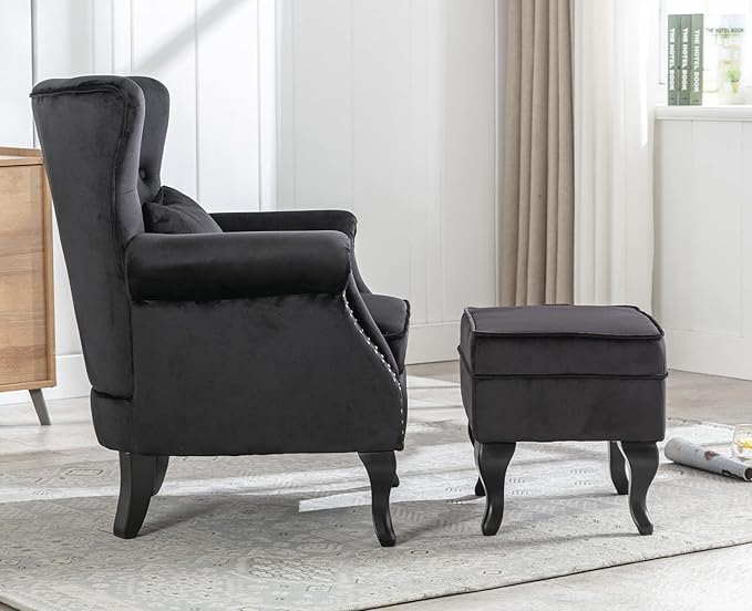 Kmax Velvet Club Chair Tufted Throne Mid Century Accent Wingback Chair with Ottoman Padded Seating Wood Legs Home Club Bedroom Living Room Black