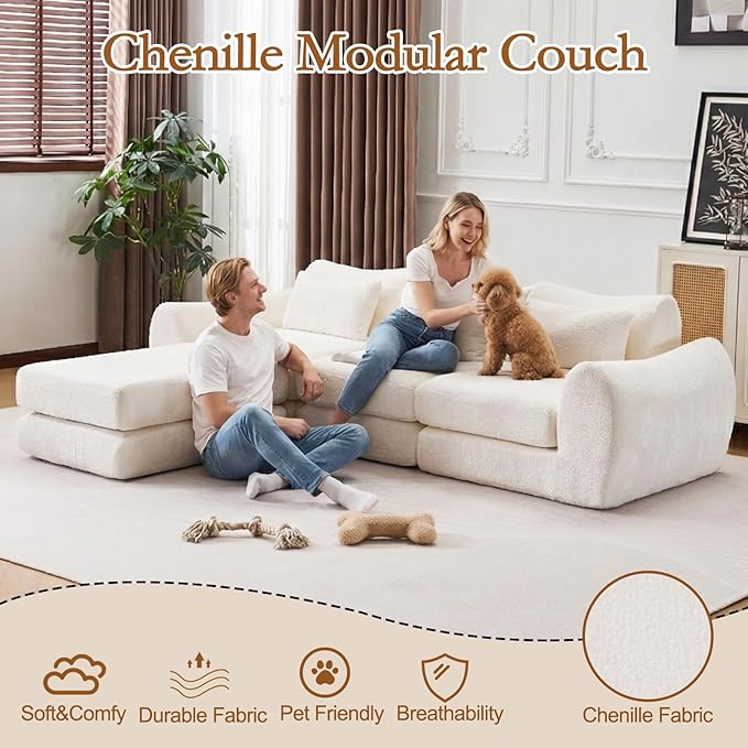 105” Modular Sectional Sofa Convertible Sofa BedTransforms into Single or Double Sofa Chenille Fabric Cloud SofaModern Soft Boneless Comfort No Assembly Required White