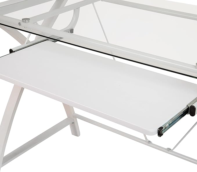 Flash Furniture Jude Clear Tempered Glass Computer Desk with White Pull-Out Keyboard Tray and White Crisscross Frame