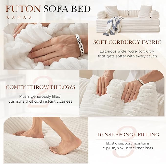 Modular Couch Bed Convertible Folding Plush Corduroy Comfy Floor Memory Foam Compression Loveseat Sleeper Sofa Couch King Size Bed for Guest Room Living Room Bedroom No Assembly Required Beige