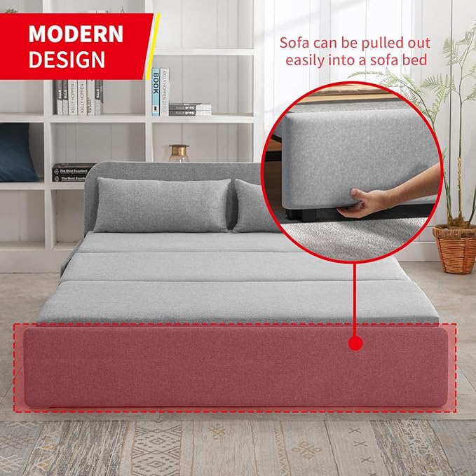 PUREMIND Queen Size Pull Out Sleeper Sofa Bed Linen Convertible Sofa Bed with Foldable Mattress Loveseat Couch Pull Out Bed with 2 Cushions for Small Place Apartment Office Grey