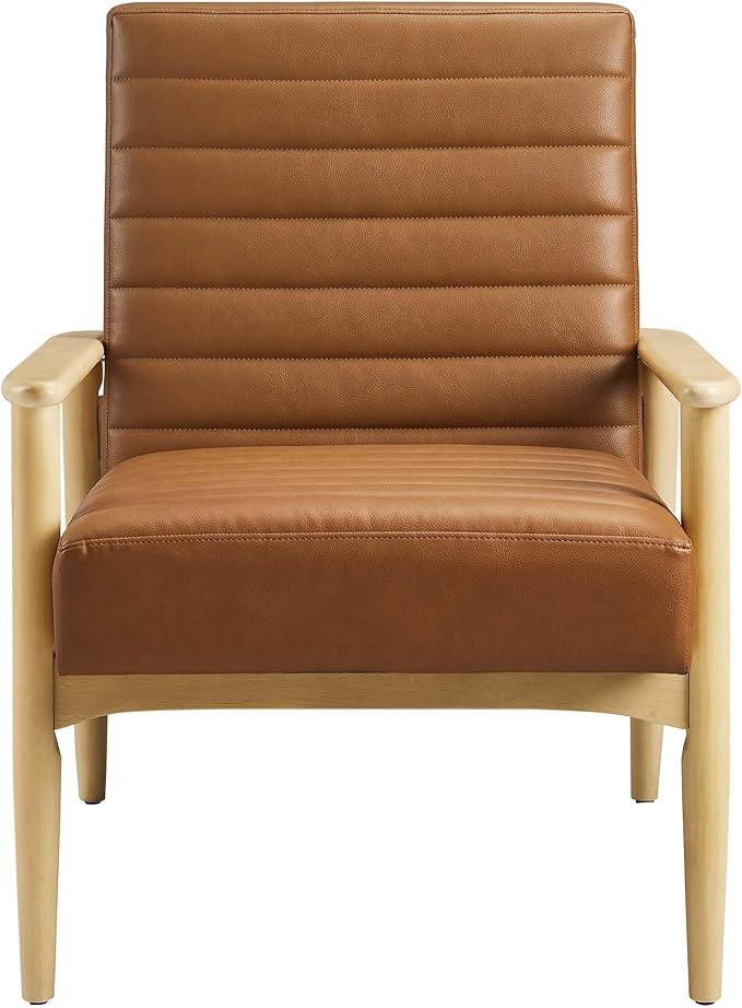 Modway Jensen Vegan Leather Accent Chair in Natural Tan - Mid-Century Modern Armchair with Solid Wood Legs &amp Armrest - Upholstered Faux Leather Single Side Chair - Reading Chair for Living Room