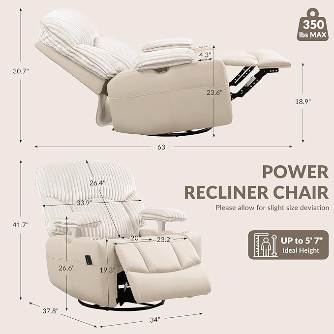 GRAINELL Rocking Chair Nursery Electric Swivel Recliner Glider with Adjustable Armrests Nursing Chair with USB Charger Cup &amp Blanket Holders Beige Corduroy &amp PU Leather