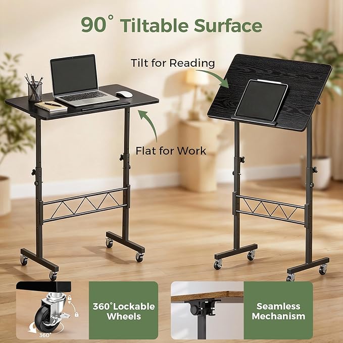 GTPLAYER Small Standing Desk Adjustable Height 30.7-46.4 Portable Computer Table Mobile Desk Workstation Stand Up Desk with Wheels Compact Rolling Table for Home Work Treadmill Walking Pad Black