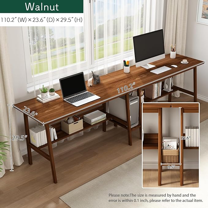 2-Person Writing Desk with Bookshelf - 110 Wooden Extra Long Home Office Work Table Double Study Computer Workstation with Storage Shelves in Walnut 110 W x 24 D