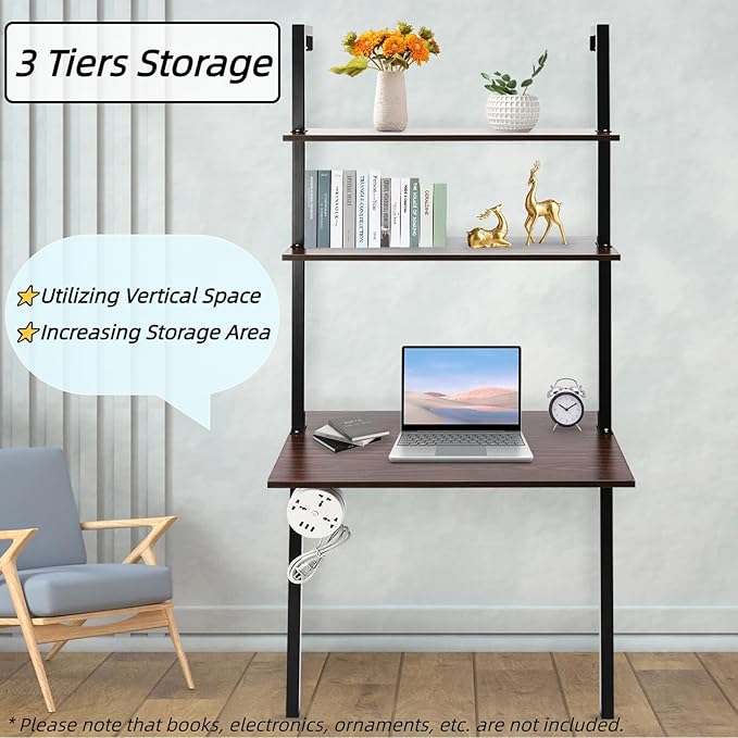 3 Tiers Wall Mount Desk Industrial Ladder Desk Computer Desk Writing Table with Bookshelf Floating Pipe Table with Power Strip for Home Office Dormitories Brown