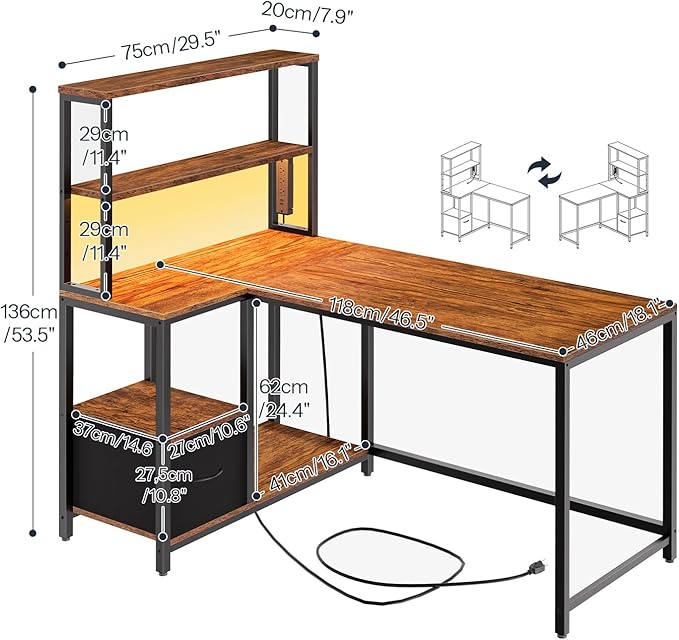 HOOBRO L Shaped Gaming Desk and Monitor Stand Bundle Desk with LED Light &amp Power Outlet Desk Shelf Organizer for Office DeskStudy BF18UDDN01-BB121CJ01