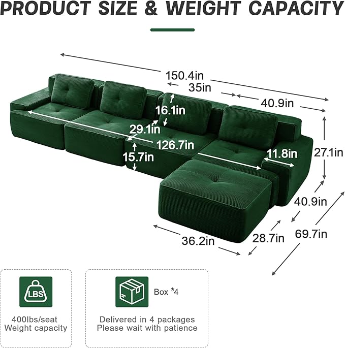 153 Modern Corduroy Cloud Sofa with Ottoman L Shaped Boneless Modular Large Sectional Couches for Living Room Green 4 Seater Compressed Memory Foam Couch Extra Deep Seat No Assembly