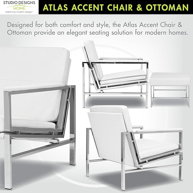 Atlas Bonded Leather Accent Chair with Ottoman Set Mid-Century Modern Lounge Chair &amp Footrest with Chrome Legs for Living Room or Office Guest Seating Chrome/White