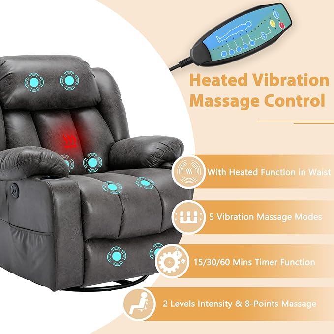 360° Swivel Glider Rocking Recliner Chair Overstuffed Manual Massage Recliner with Heat and Vibration Single Modern Sofa Home Theater Seating for Living Room USB Ports/Cup Holders (Grey)