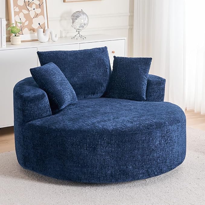 Swivel Accent Barrel Chair Oversized Modern Akili Upholstered Sofa Lounge Club Leisure Chair Round Chair for Hotel Living Room (Navy Chenille)