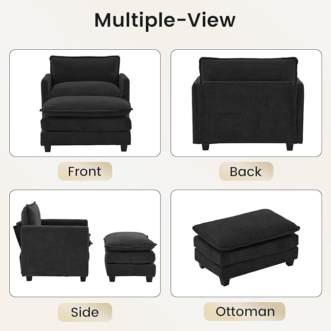 ROWHY Convertible Sectional Couch with Ottoman Single Armchair with armrests Modern Living Room Furniture Set Small Couches for Small Spaces for Living Room Chenille Black