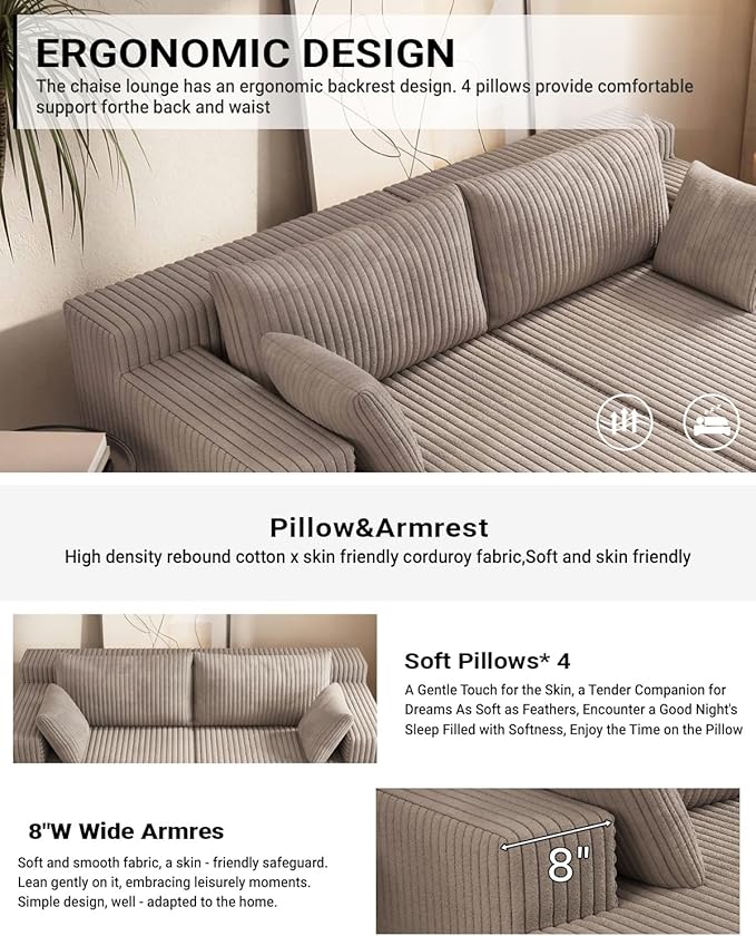 71 Oversized Double Chaise Lounge Sofa Cloud Plush Deep Seat Loveseat Sleeper Couch Upholstered Boneless Corduroy Sofa Bed No Assembly Modern Lounge Chair for Living Room Bedroom Reading (Camel)