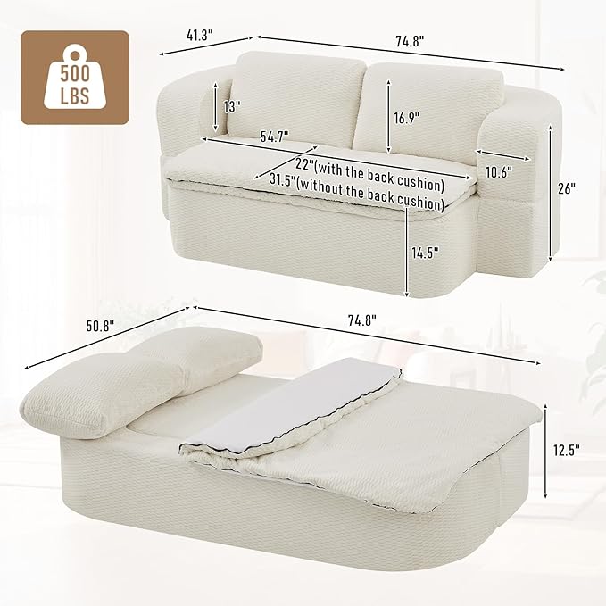 Convertible Folding Sofa Bed 75 Futon Floor Couch Modular Sleeper Loveseat Sectional Couches Boneless Cloud Plush Fluffy Fabric for Living Room Guest Room No Assembly Required Beige