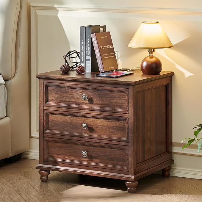 Farmhouse Nightstand with Charging Station 24 Wide End Table with 3 DrawersWood Dresser Cabinet for Bedroom Bed Side Table Chest of DrawersNight Stand for Living Room ClosetBrown