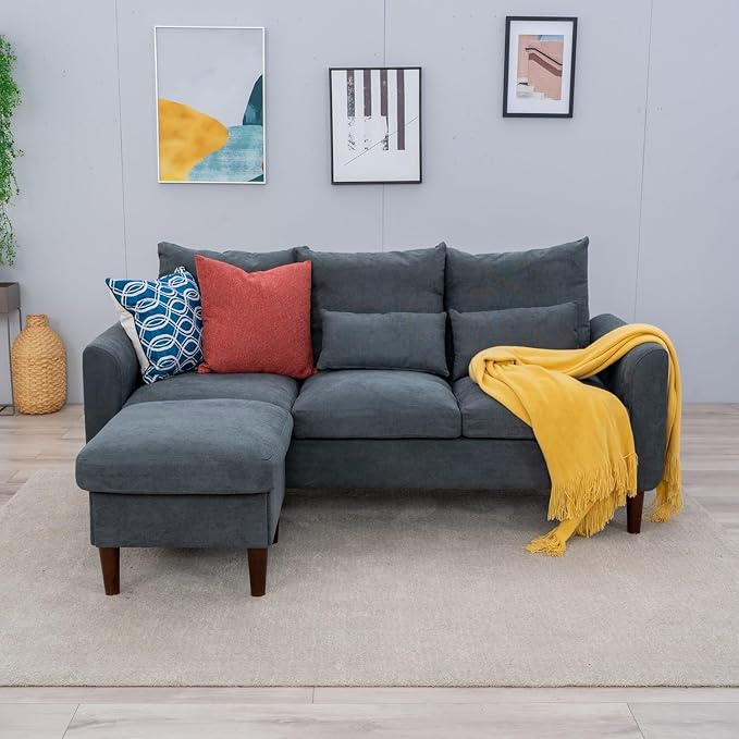 Panana Sectional Sofa Modern Deep 3-Seat Sofa Couch with Ottoman Upholstered Furniture for Living Room Apartment Studio Office (Grey Linen Curved Arms)